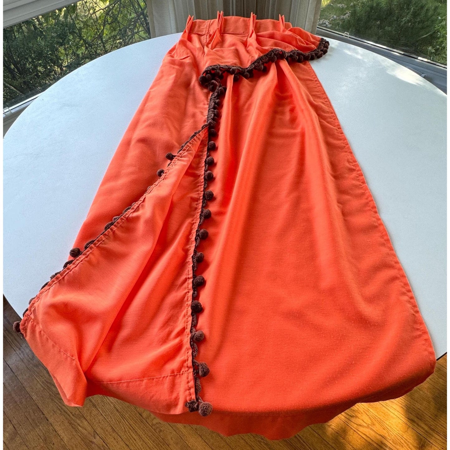 Vintage 70s pleated valance, orange, chocolate brown pompoms, swag panel