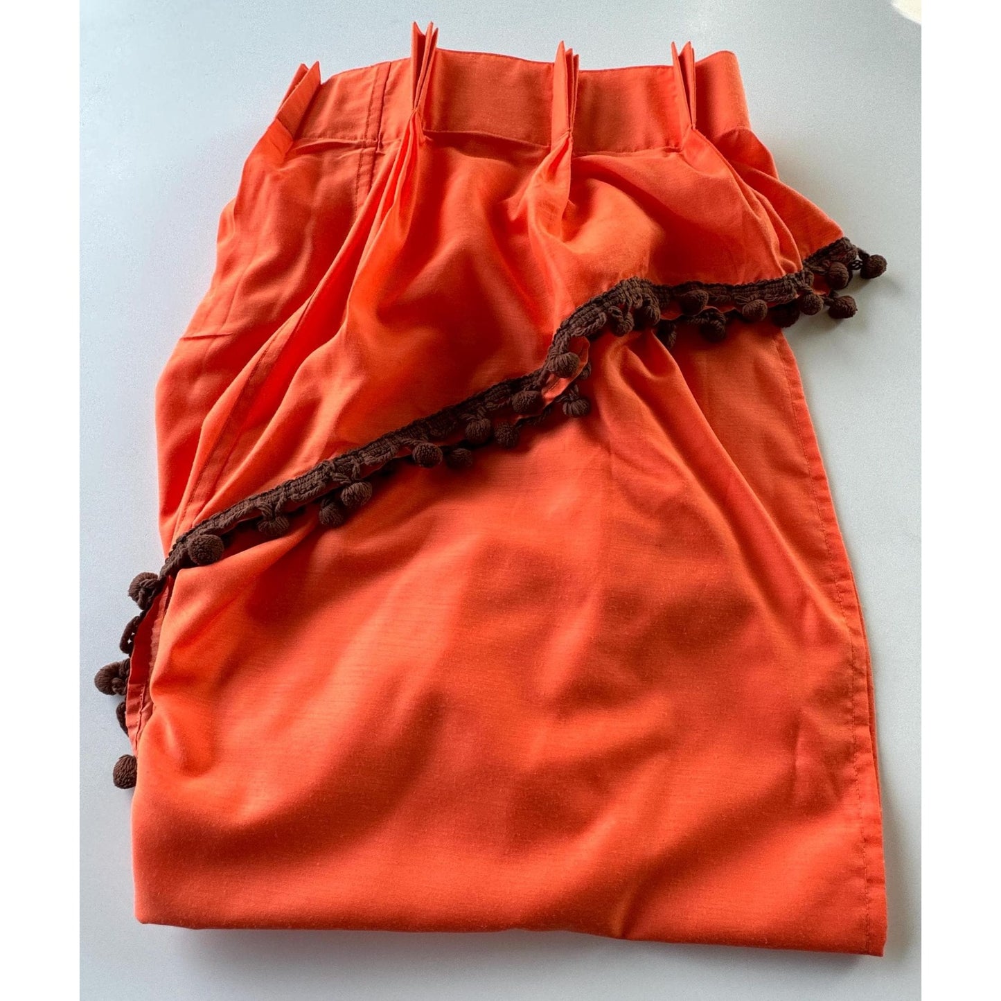 Vintage 70s pleated valance, orange, chocolate brown pompoms, swag panel