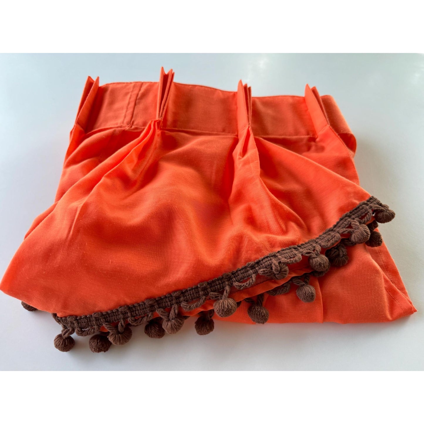 Vintage 70s pleated valance, orange, chocolate brown pompoms, swag panel