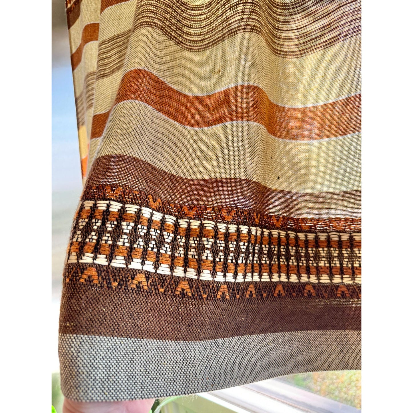 Vintage 70s curtain, brown, rust, orange, horizontal stripes
