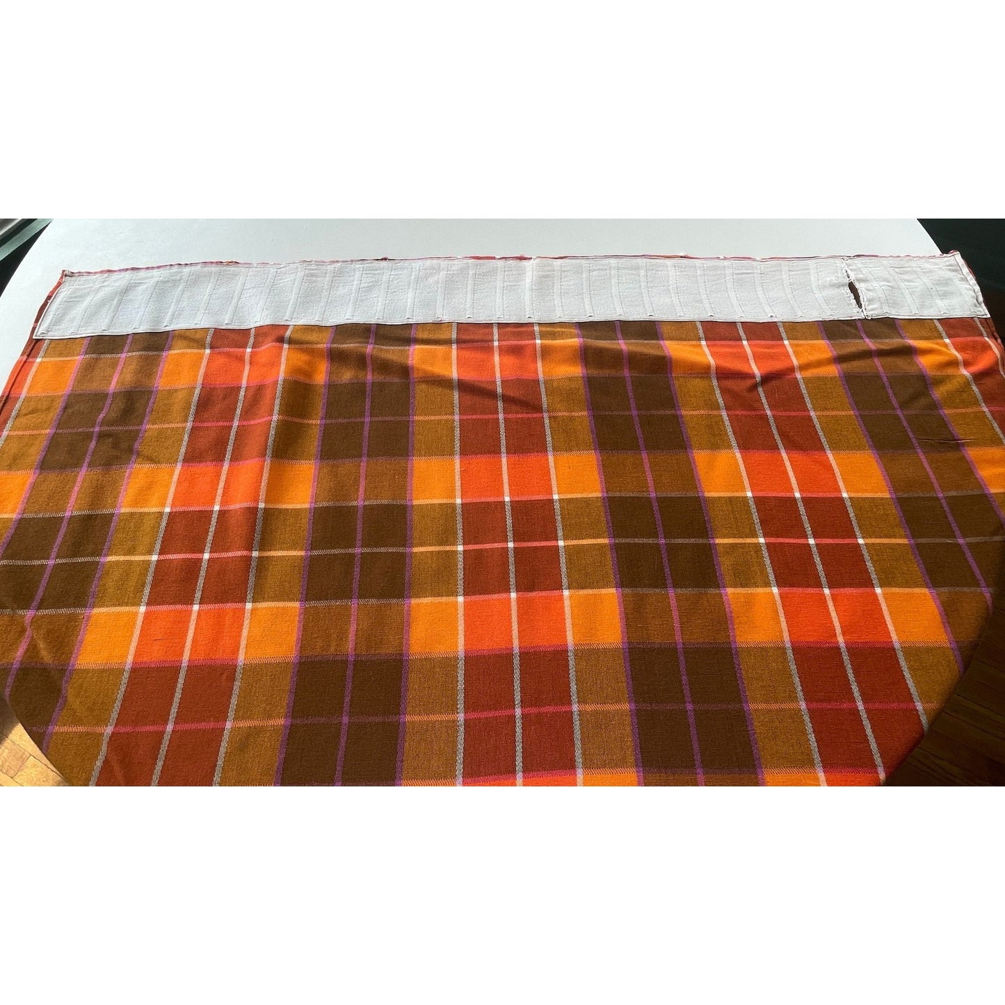 Vintage 70s pleated curtain, orange brown yellow and purple plaid pattern