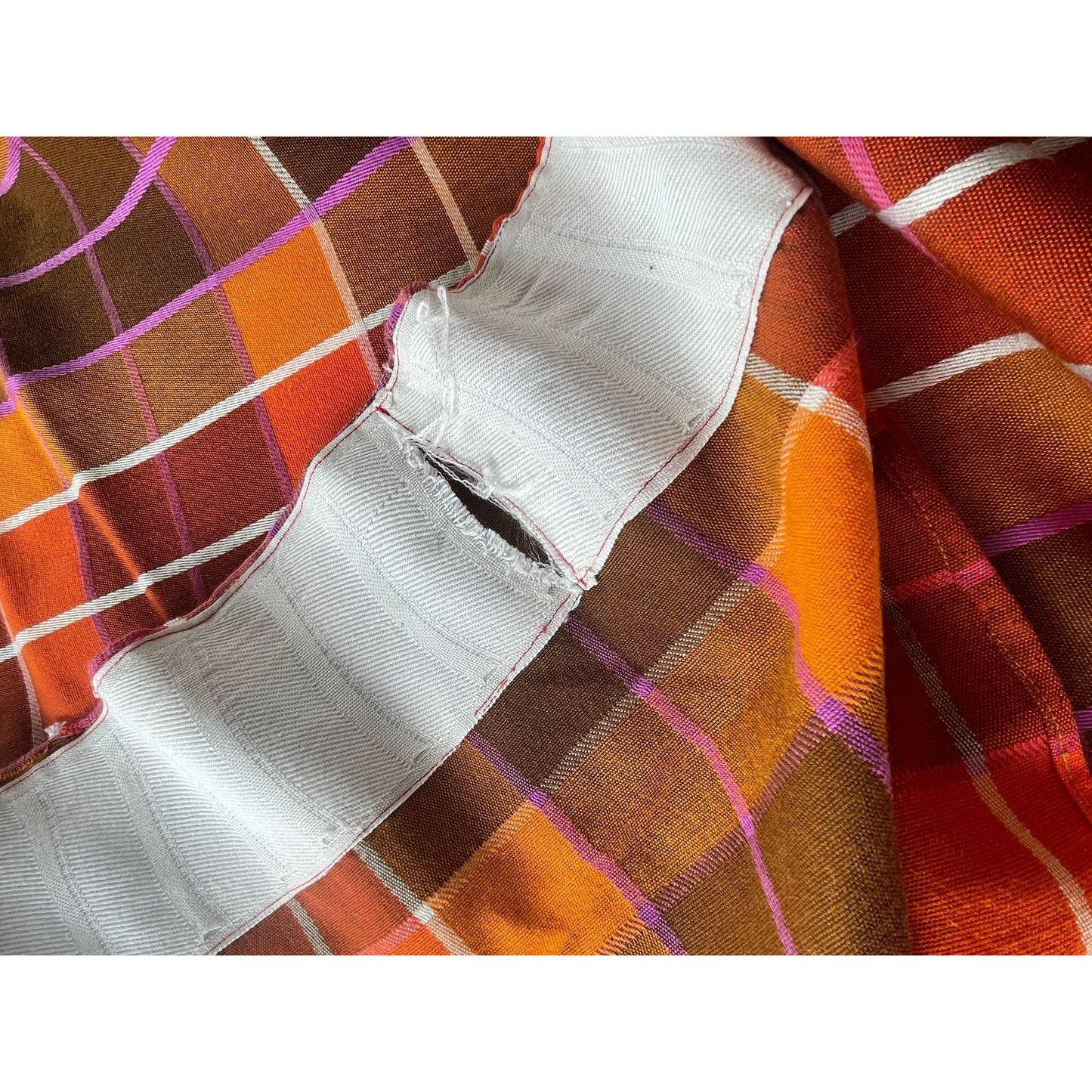 Vintage 70s pleated curtain, orange brown yellow and purple plaid pattern