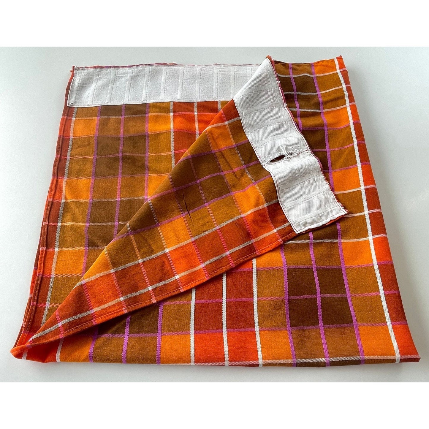 Vintage 70s pleated curtain, orange brown yellow and purple plaid pattern