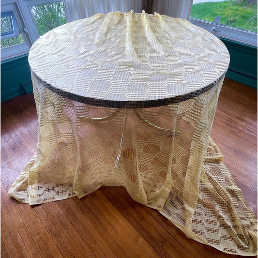 Vintage 70s pleated curtain, honeycomb pattern, buttery yellow mesh panel