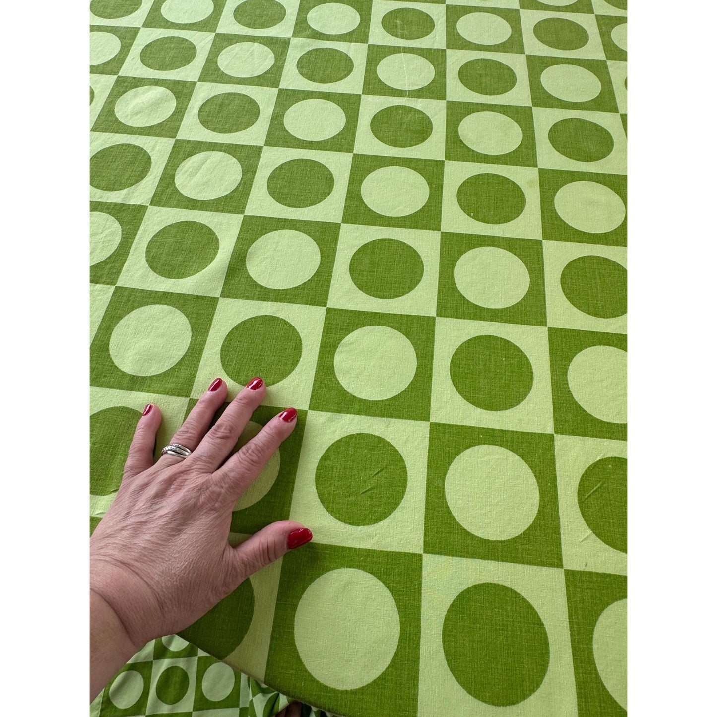 Vintage 70s flat / top sheet, avocado green geometric, twin size, Dominion Textile Truprest
