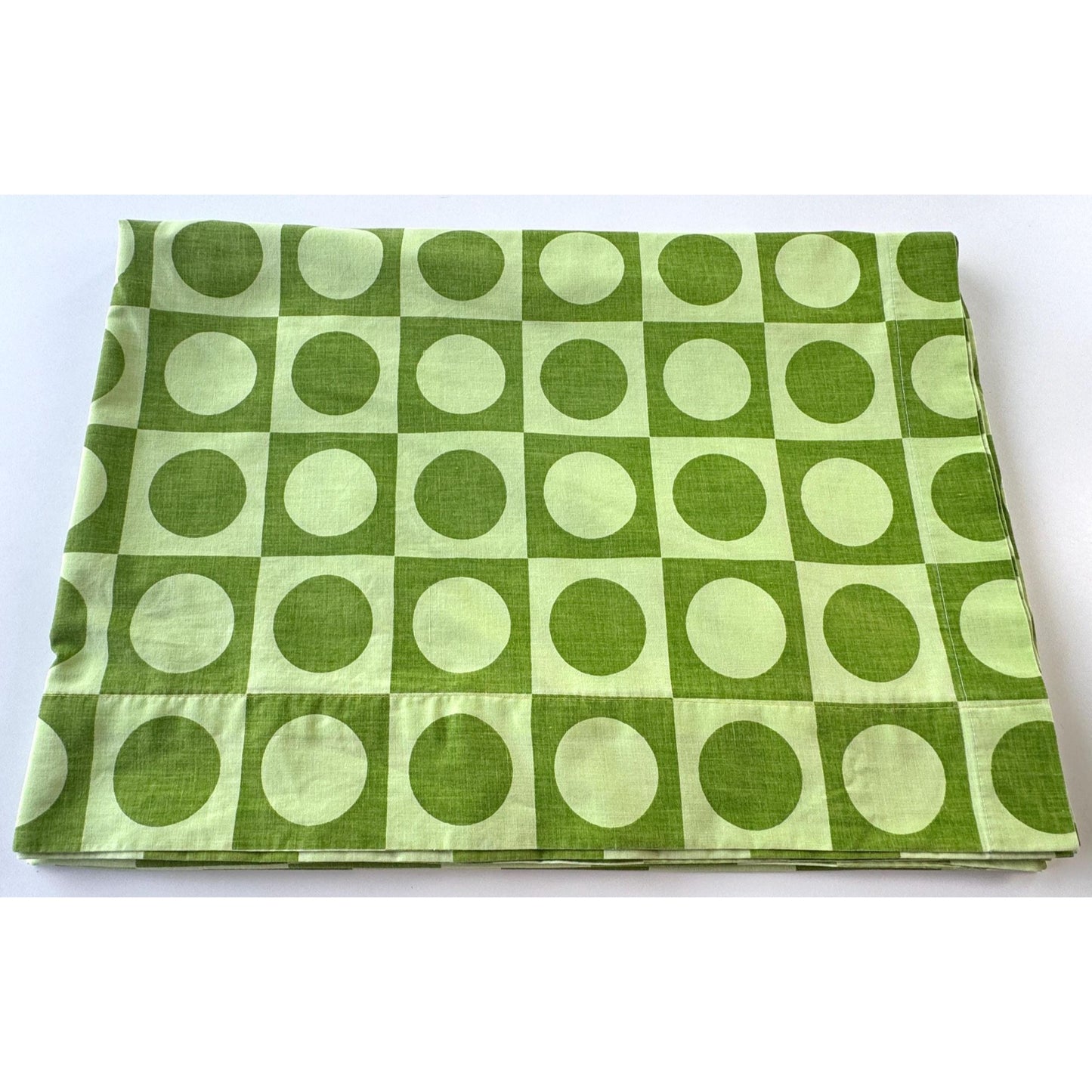 Vintage 70s flat / top sheet, avocado green geometric, twin size, Dominion Textile Truprest