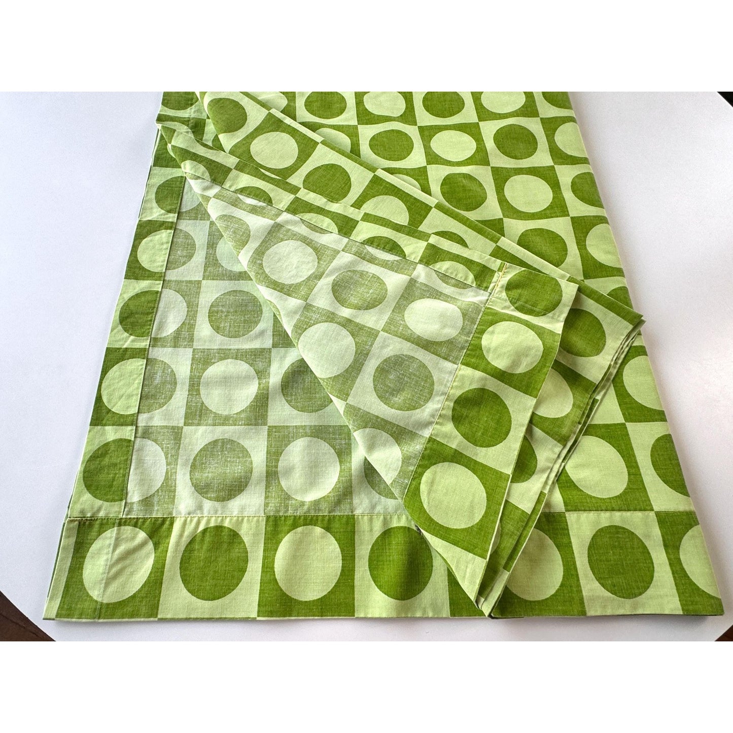 Vintage 70s flat / top sheet, avocado green geometric, twin size, Dominion Textile Truprest