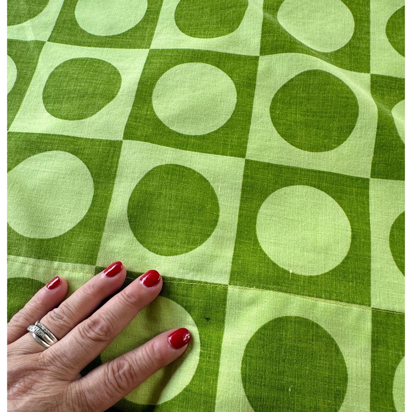 Vintage 70s flat / top sheet, avocado green geometric, twin size, Dominion Textile Truprest
