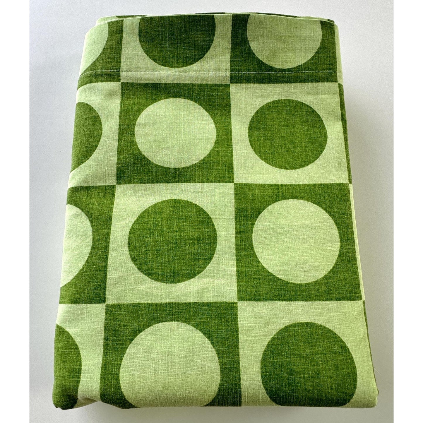 Vintage 70s flat / top sheet, avocado green geometric, twin size, Dominion Textile Truprest