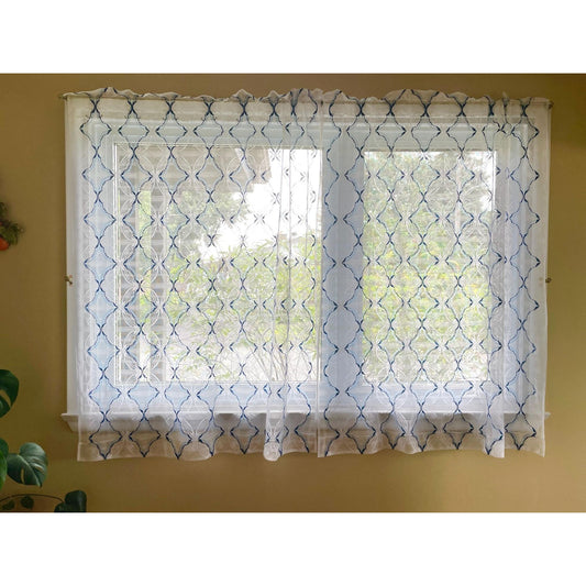 Vintage 70s curtains, white, blue mesh panel