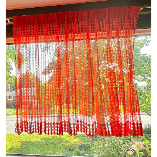 Vintage 70s pleated curtain, open weave orange panel