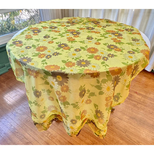 Vintage 70s curtain, sheer yellow floral ruffled panel