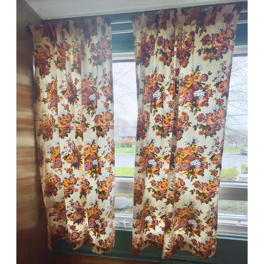 Vintage 60s pleated curtain, bold yellow orange flowers