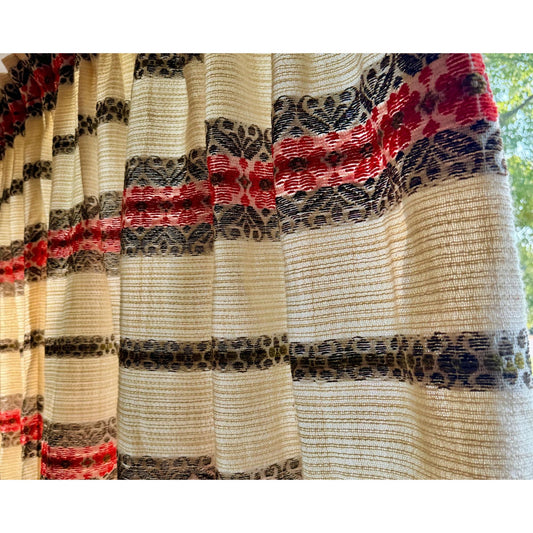 Vintage 70s pleated curtain, beige, brown, red stripes, woven panel