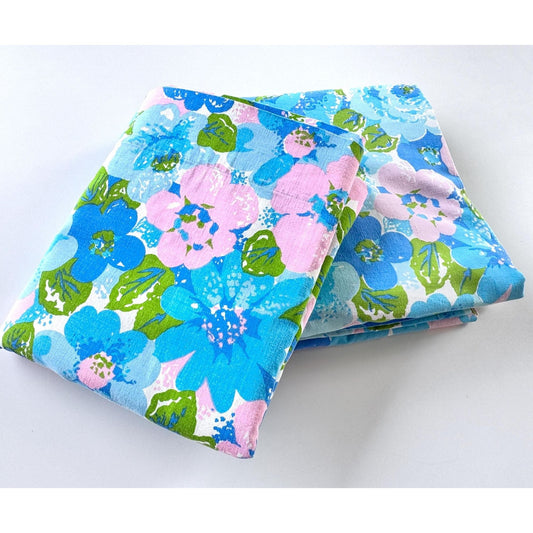 Vintage 70s flat/top sheet, blue pink flora, choice of full/double or twin size, Wabasso