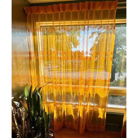 Vintage 70s pleated curtain, orange embroidered groovy pattern