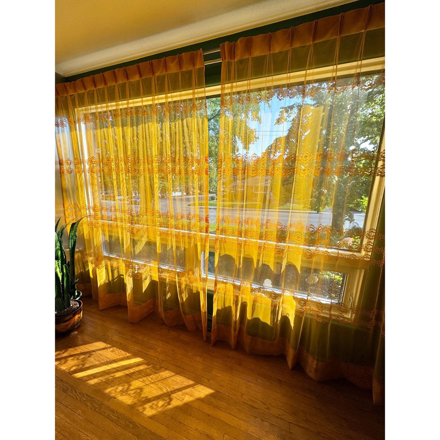 Vintage 70s pleated curtain, orange embroidered groovy pattern