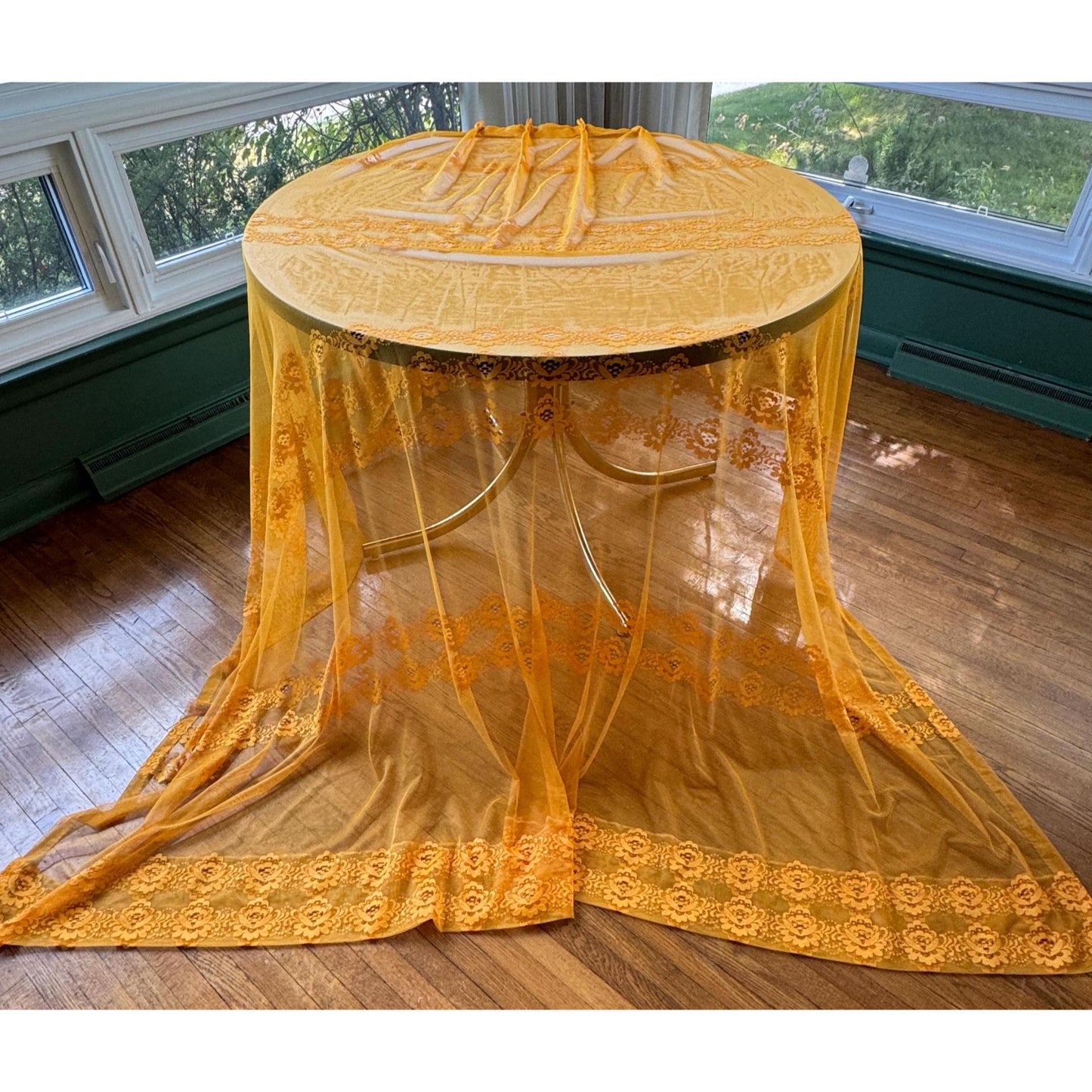 Vintage 70s pleated curtain, orange embroidered groovy pattern