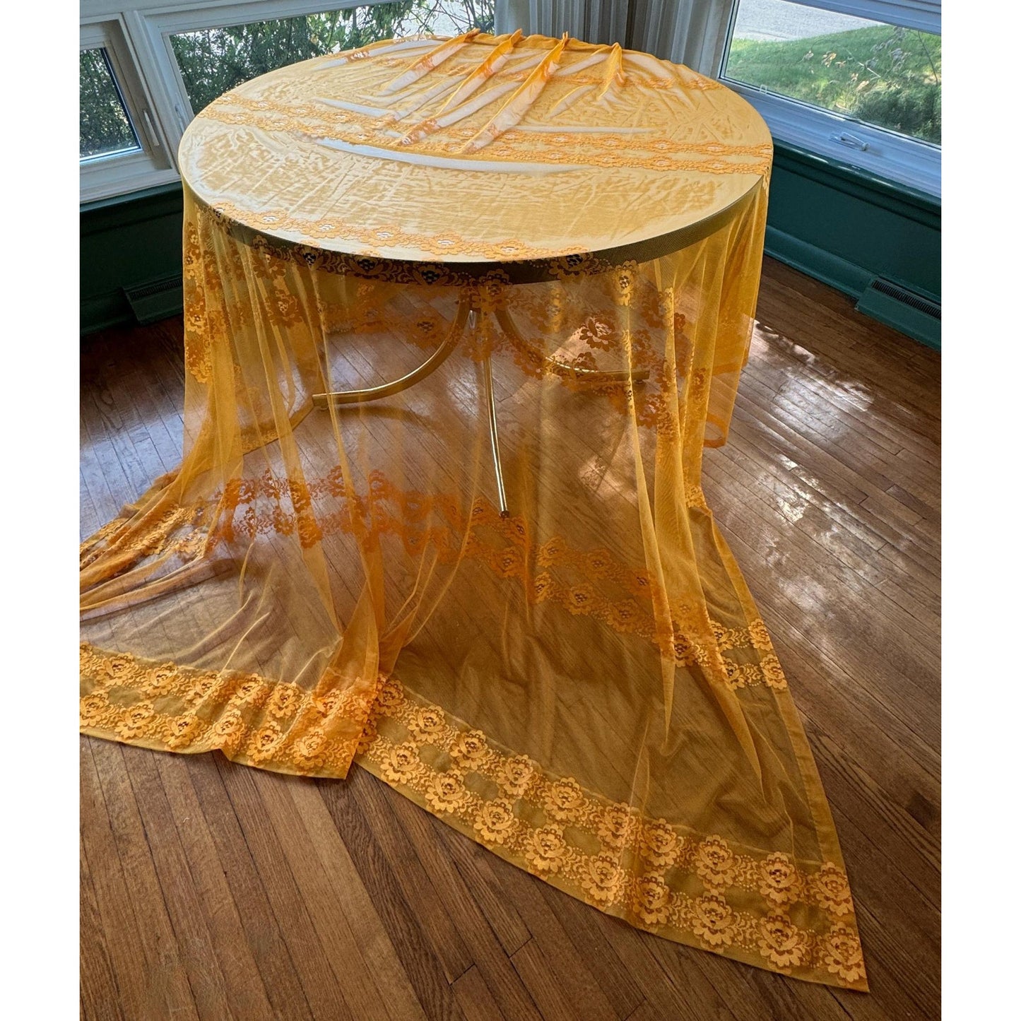 Vintage 70s pleated curtain, orange embroidered groovy pattern