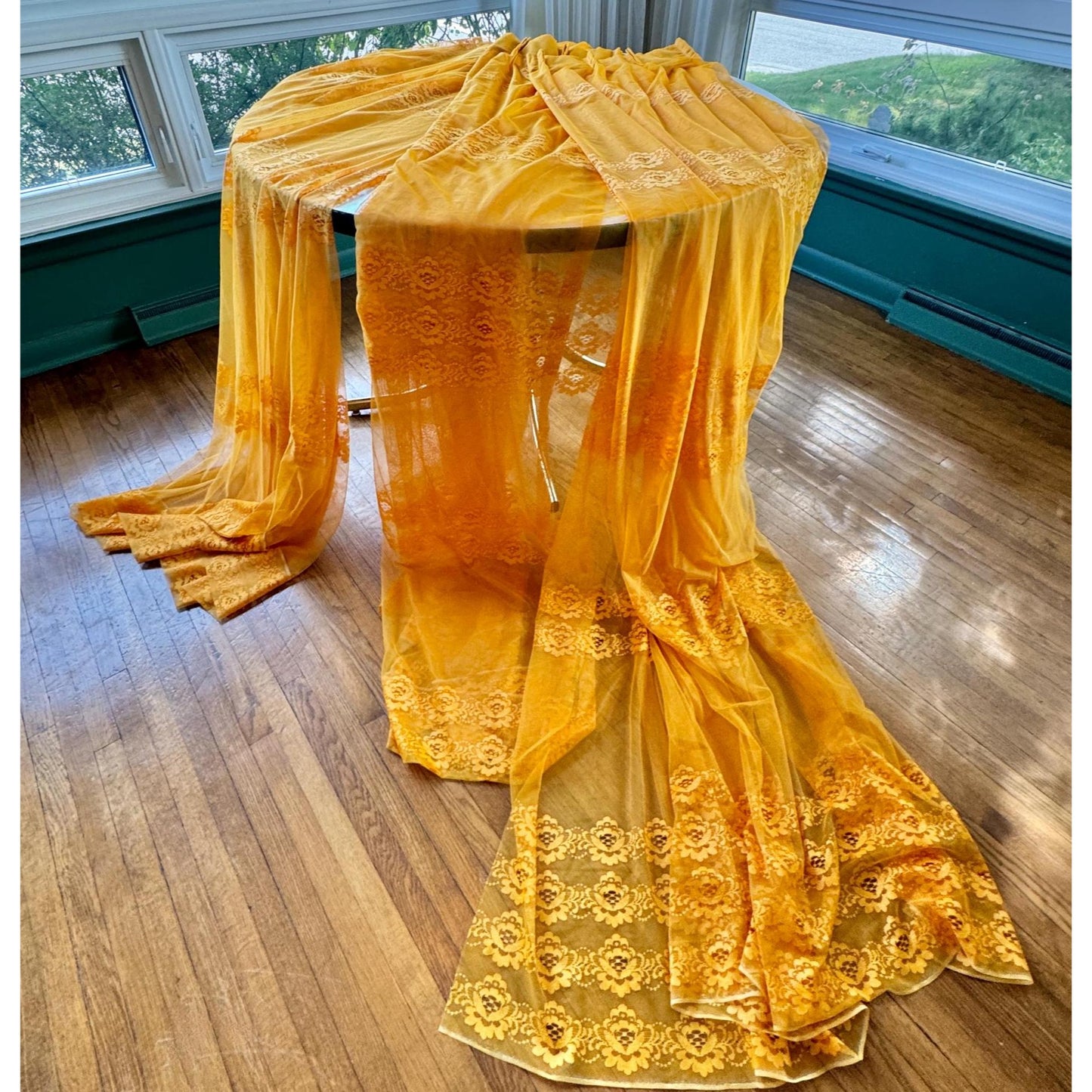 Vintage 70s pleated curtain, orange embroidered groovy pattern