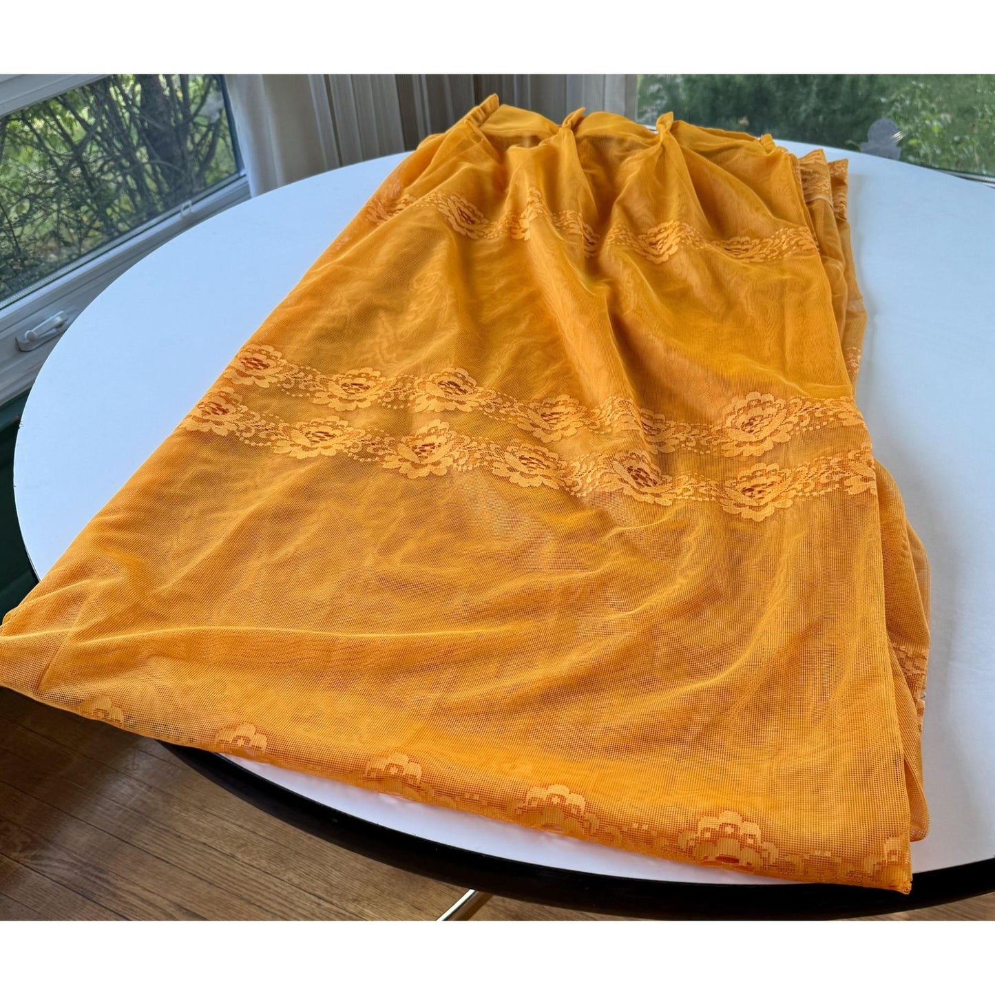 Vintage 70s pleated curtain, orange embroidered groovy pattern