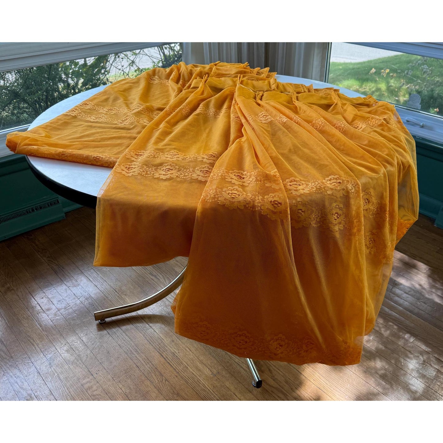 Vintage 70s pleated curtain, orange embroidered groovy pattern