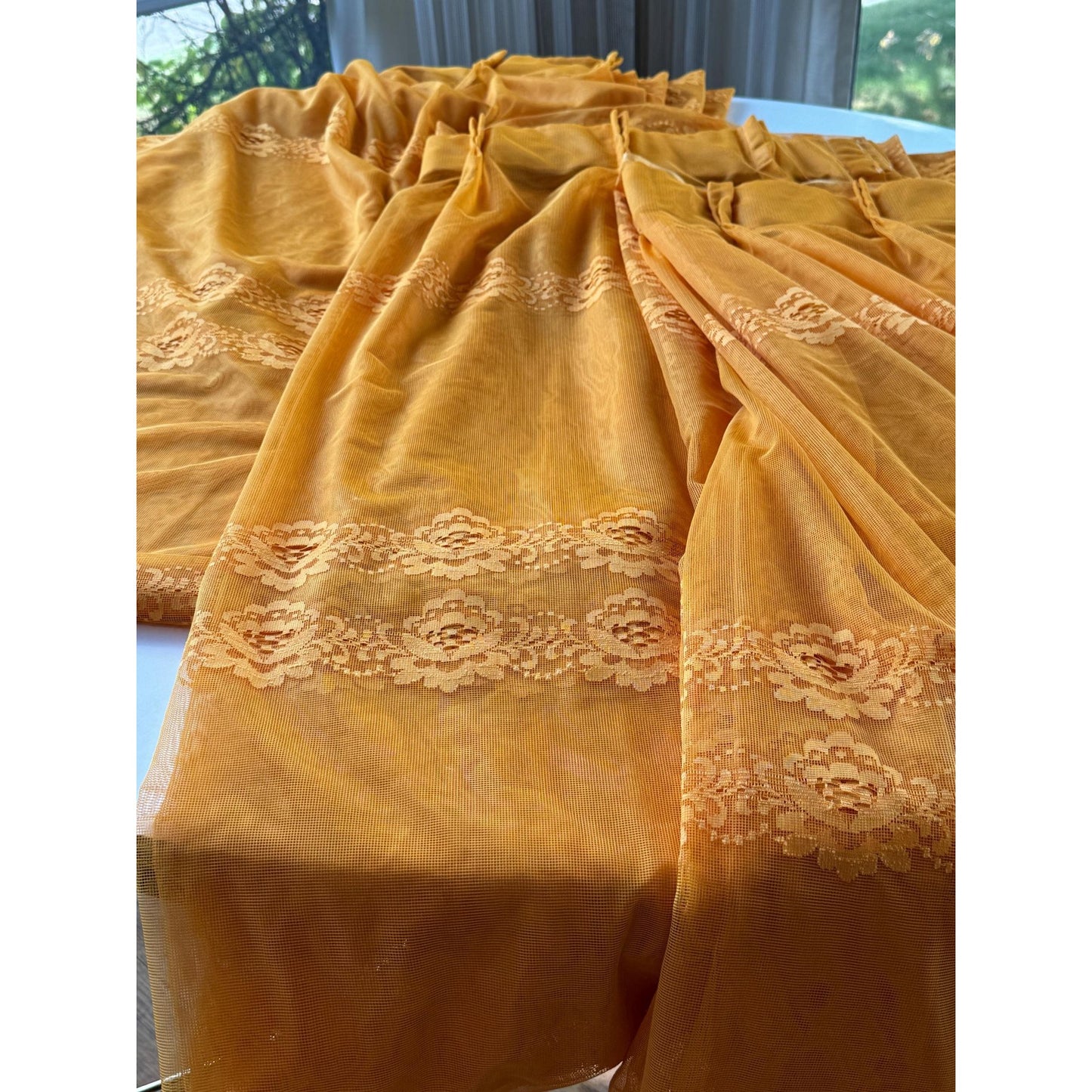 Vintage 70s pleated curtain, orange embroidered groovy pattern