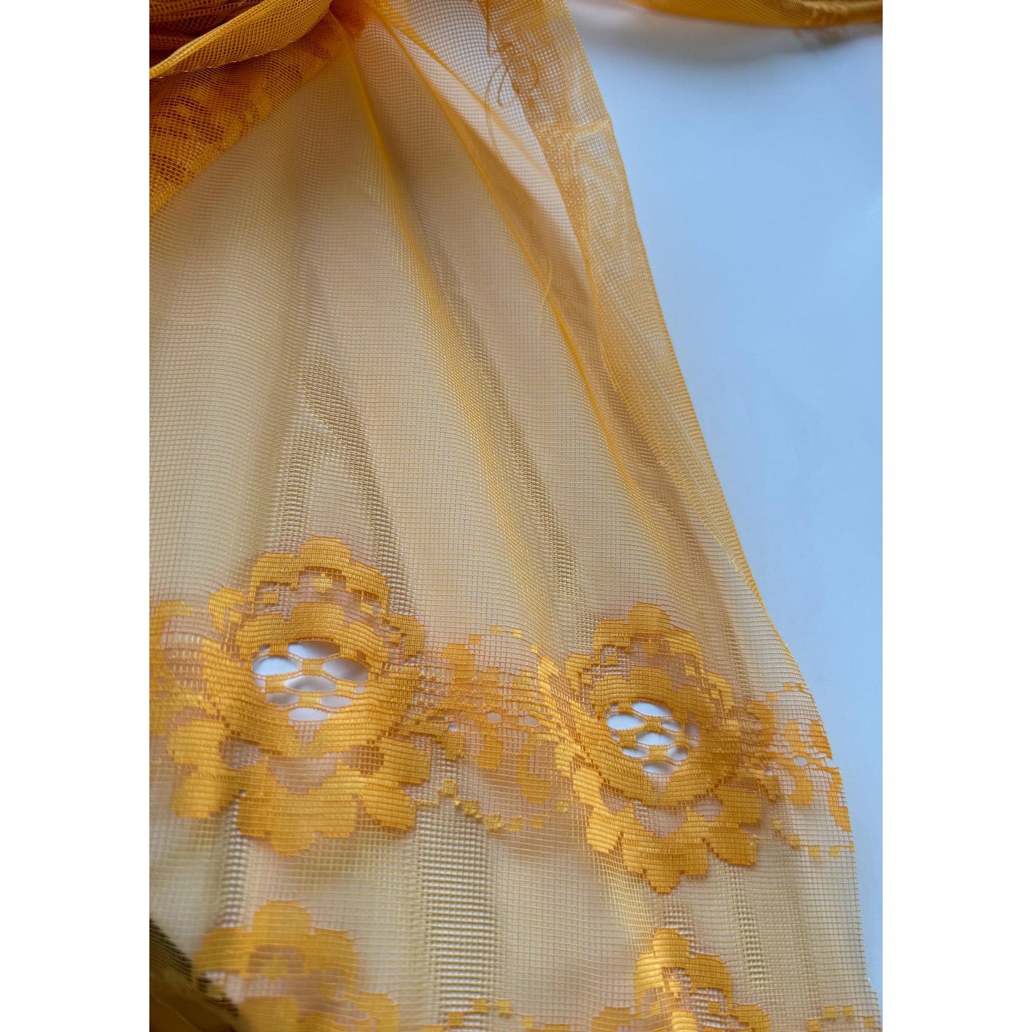 Vintage 70s pleated curtain, orange embroidered groovy pattern
