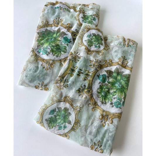 Vintage 60s curtain, green sheer floral, panels or valance