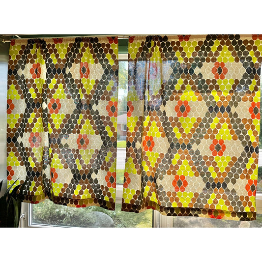 Vintage 70s curtains, groovy bold colors, orange brown geometric panels