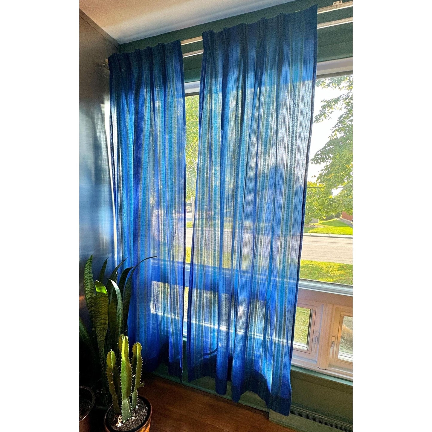 Vintage 70s pleated curtain, blue and green stripes