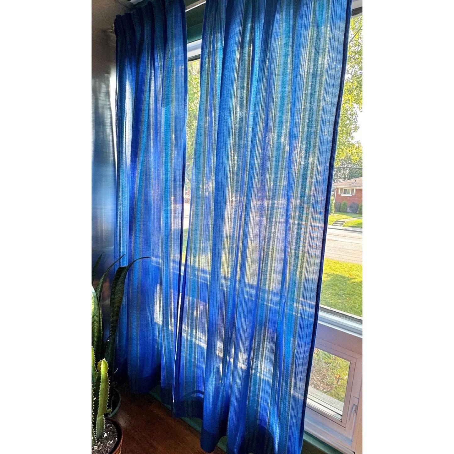 Vintage 70s pleated curtain, blue and green stripes
