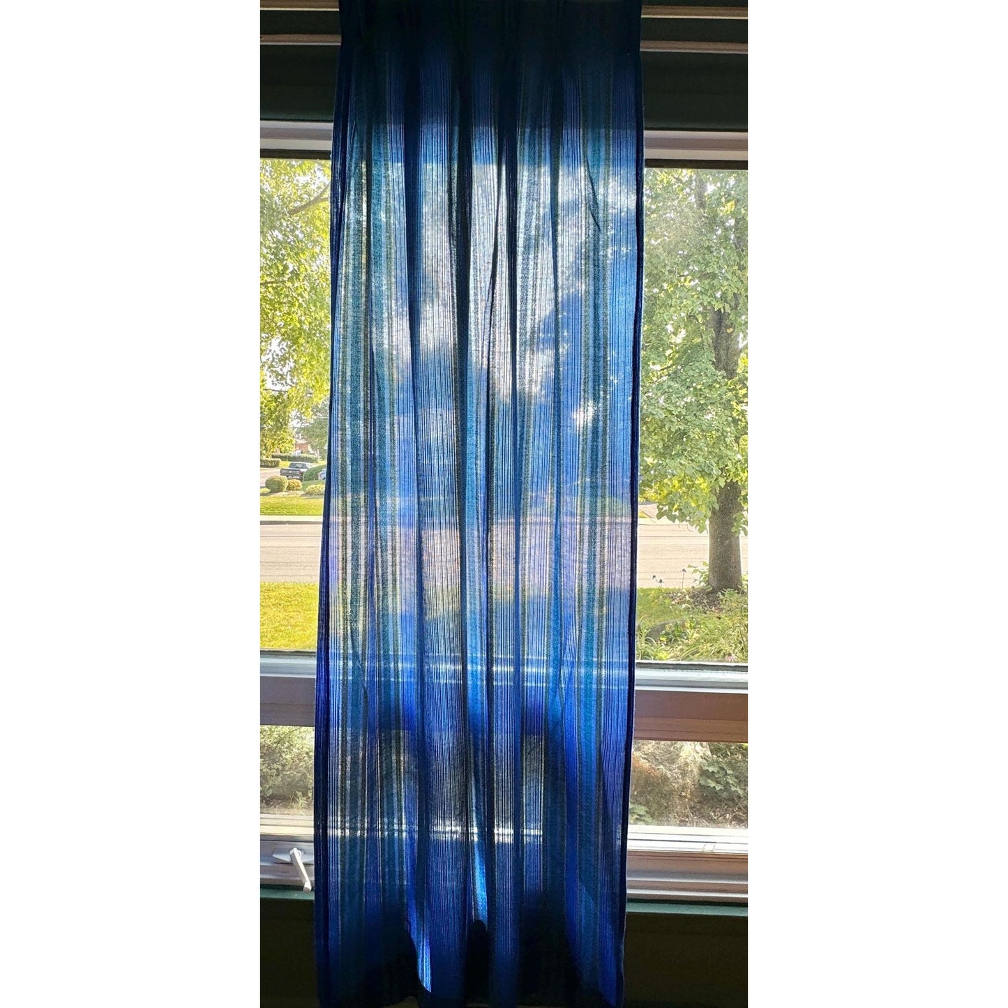 Vintage 70s pleated curtain, blue and green stripes