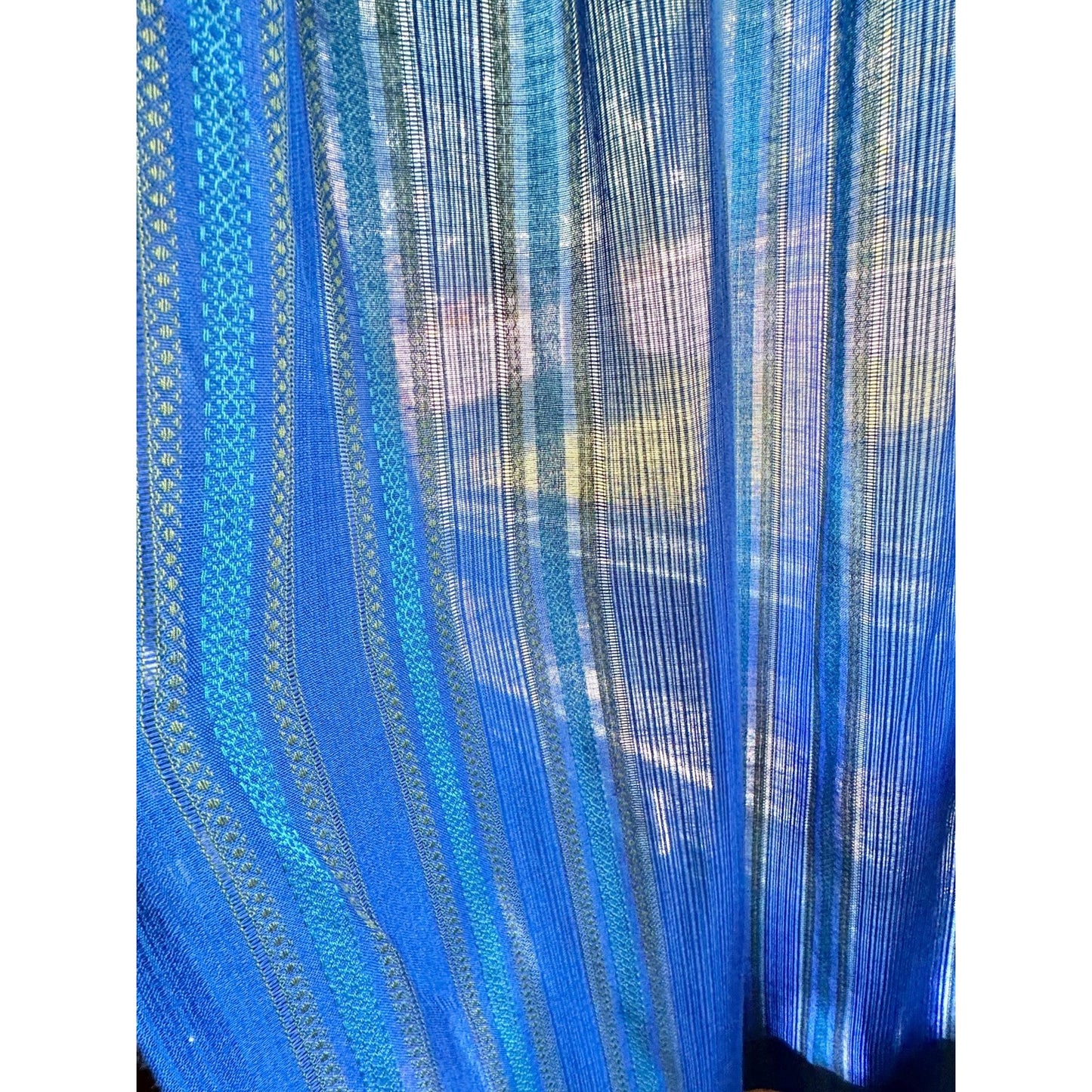 Vintage 70s pleated curtain, blue and green stripes