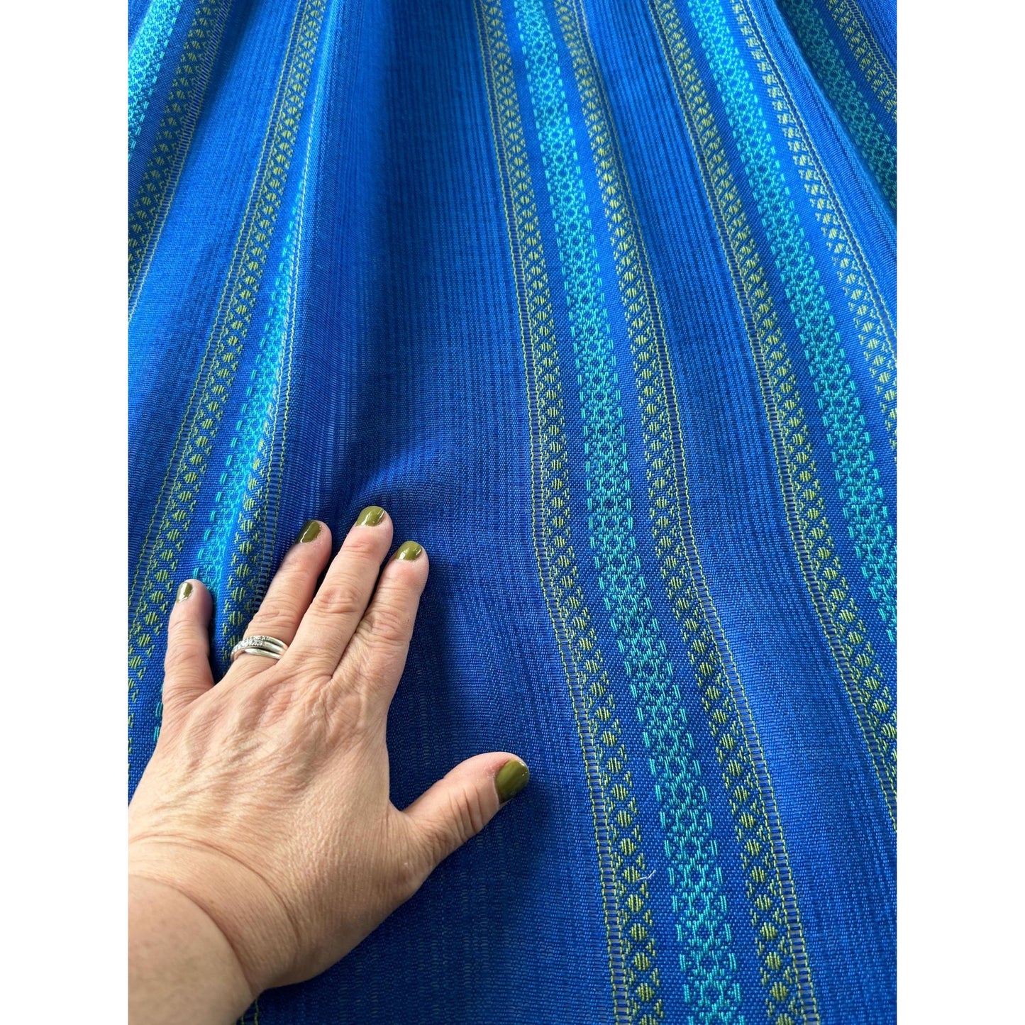 Vintage 70s pleated curtain, blue and green stripes