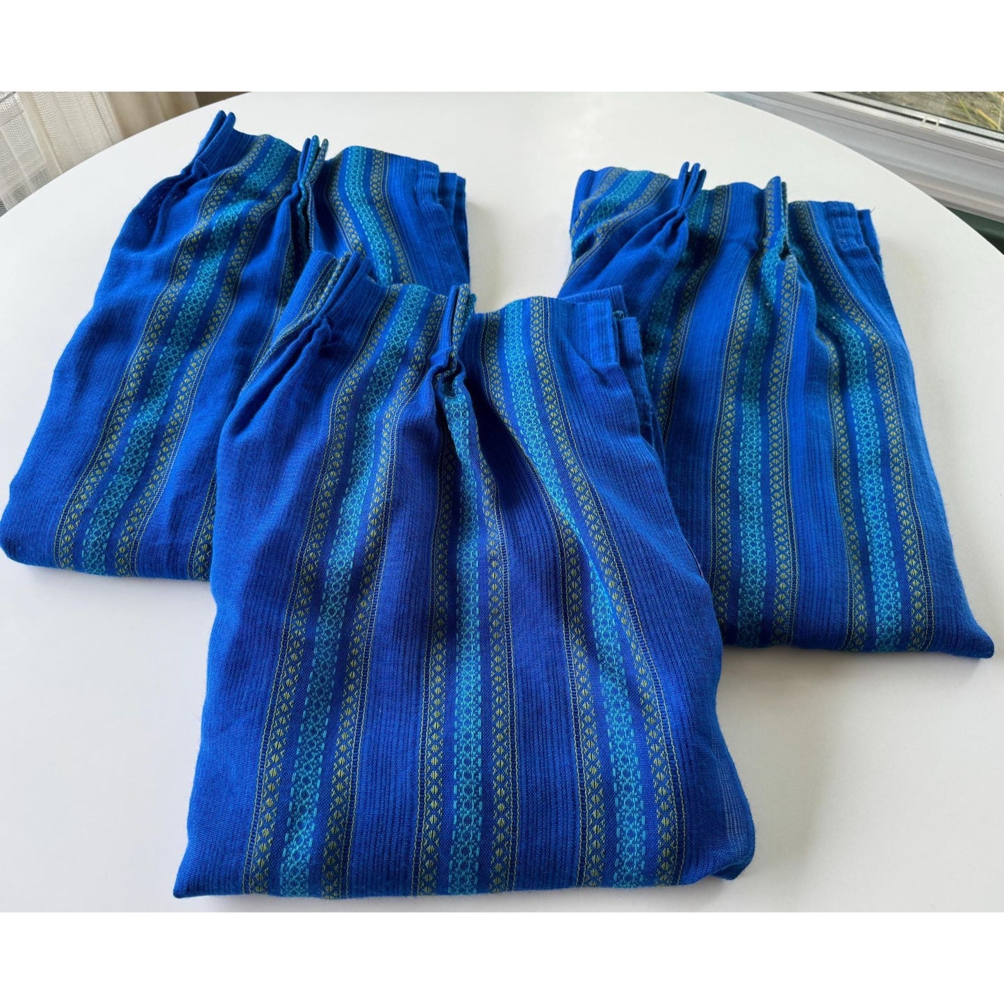 Vintage 70s pleated curtain, blue and green stripes