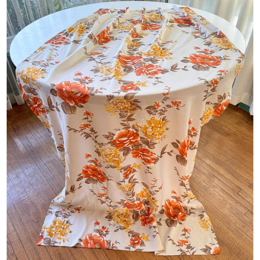 Vintage 60s pleated curtain, semi-sheer yellow orange floral panel