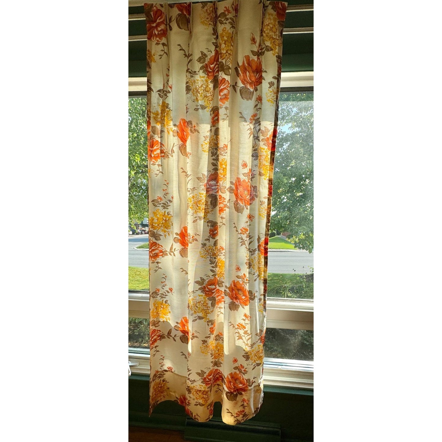 Vintage 60s pleated curtain, semi-sheer yellow orange floral panel