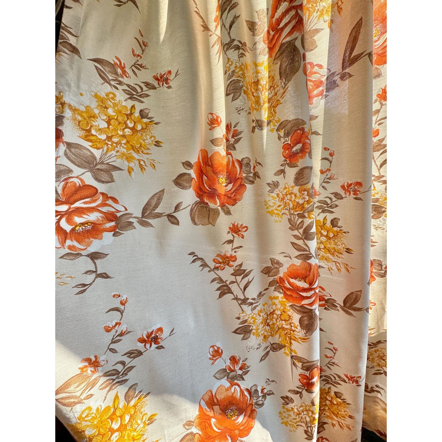 Vintage 60s pleated curtain, semi-sheer yellow orange floral panel