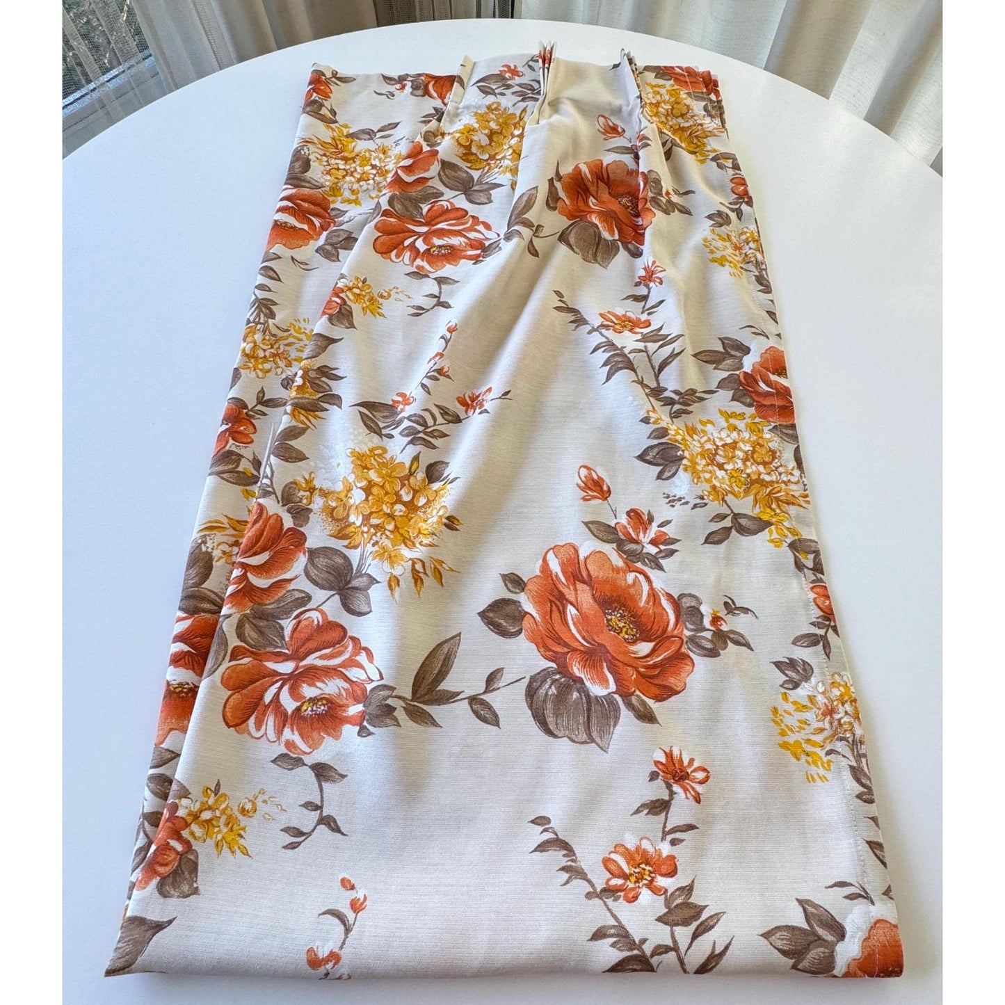 Vintage 60s pleated curtain, semi-sheer yellow orange floral panel