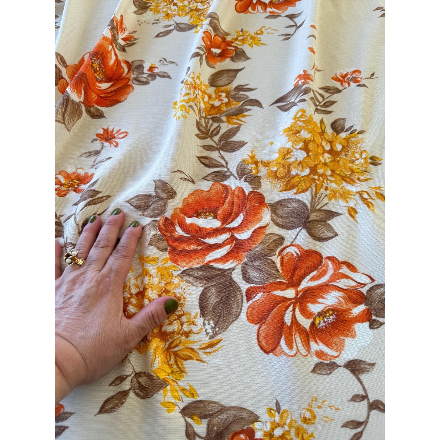Vintage 60s pleated curtain, semi-sheer yellow orange floral panel