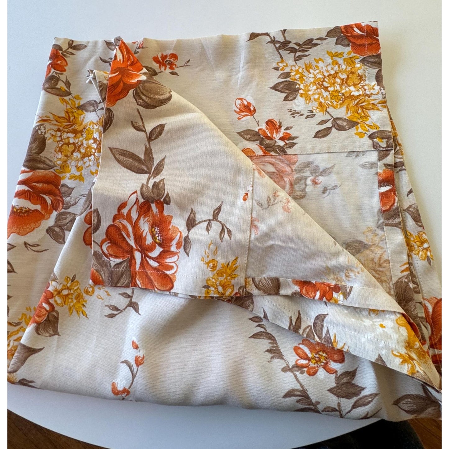 Vintage 60s pleated curtain, semi-sheer yellow orange floral panel
