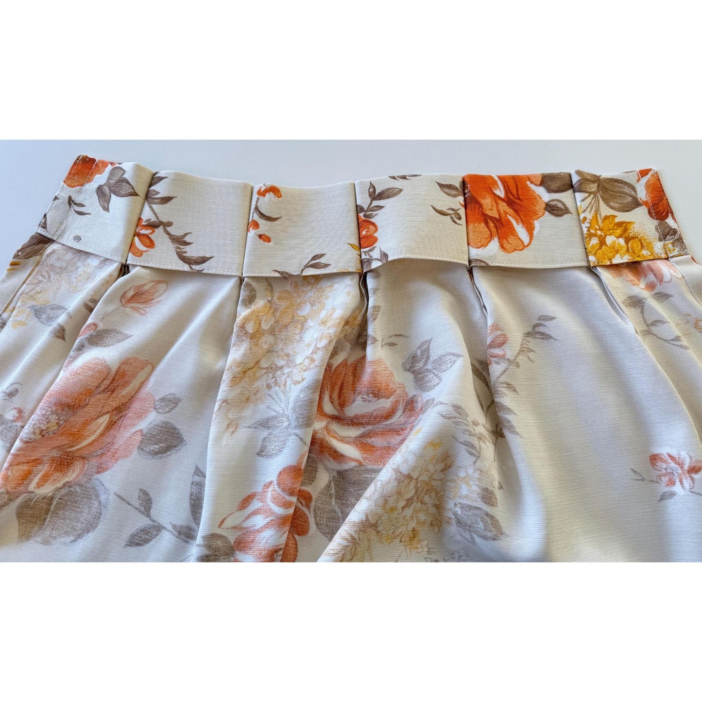 Vintage 60s pleated curtain, semi-sheer yellow orange floral panel