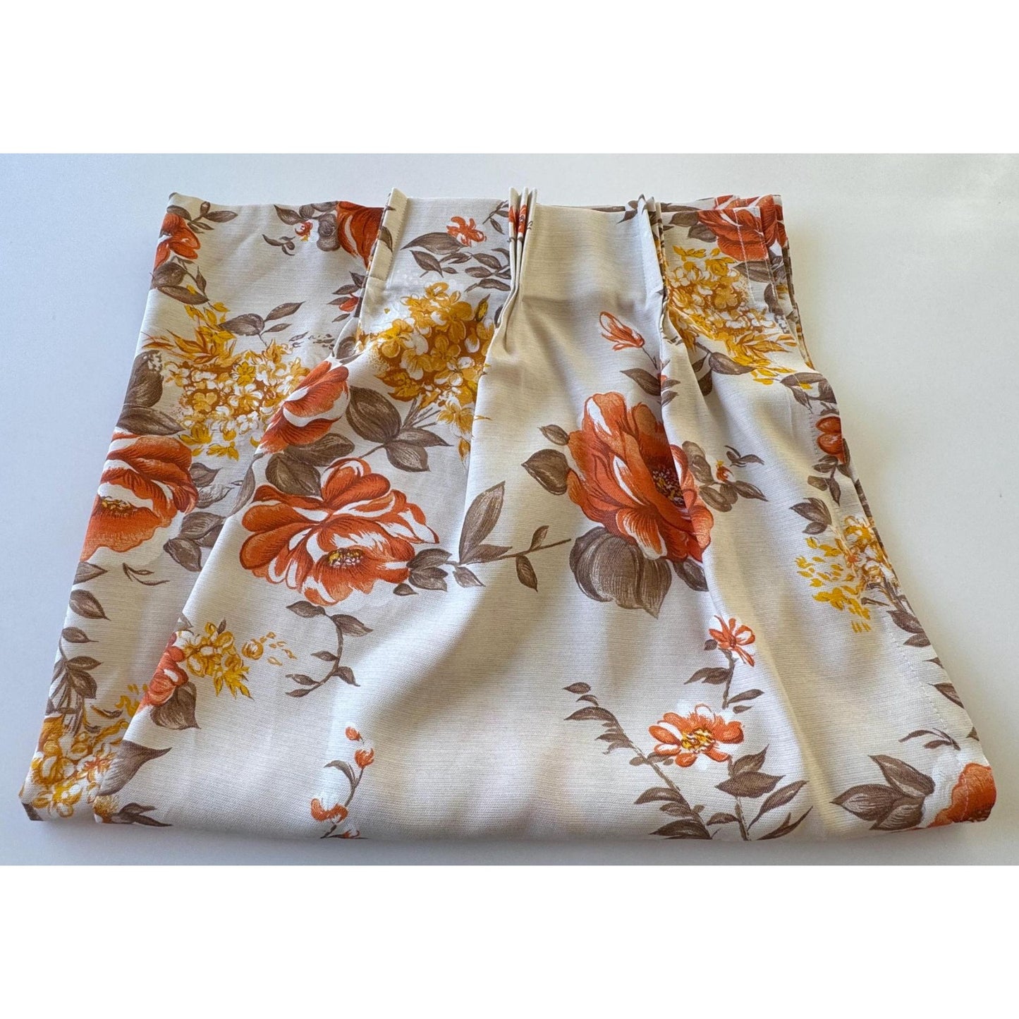 Vintage 60s pleated curtain, semi-sheer yellow orange floral panel