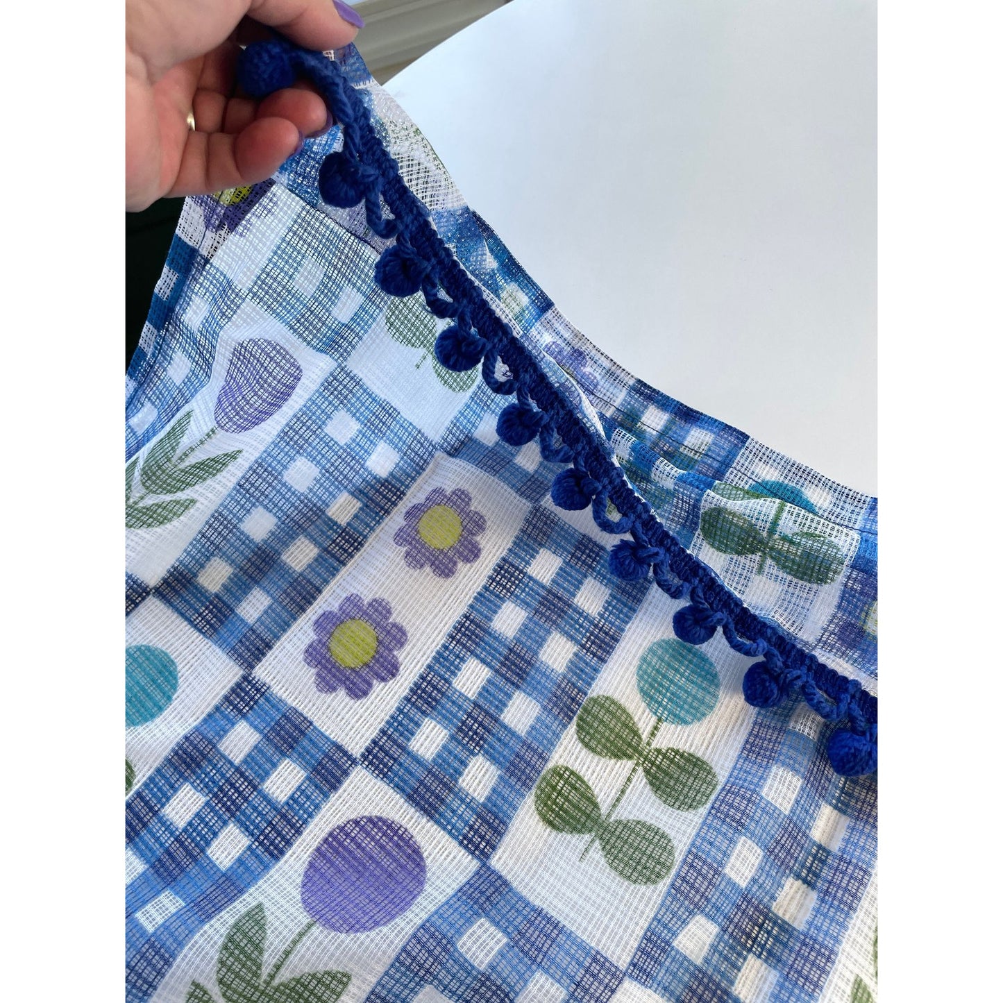 Vintage 70s curtains with pompoms, sheer blue purple green floral and checks