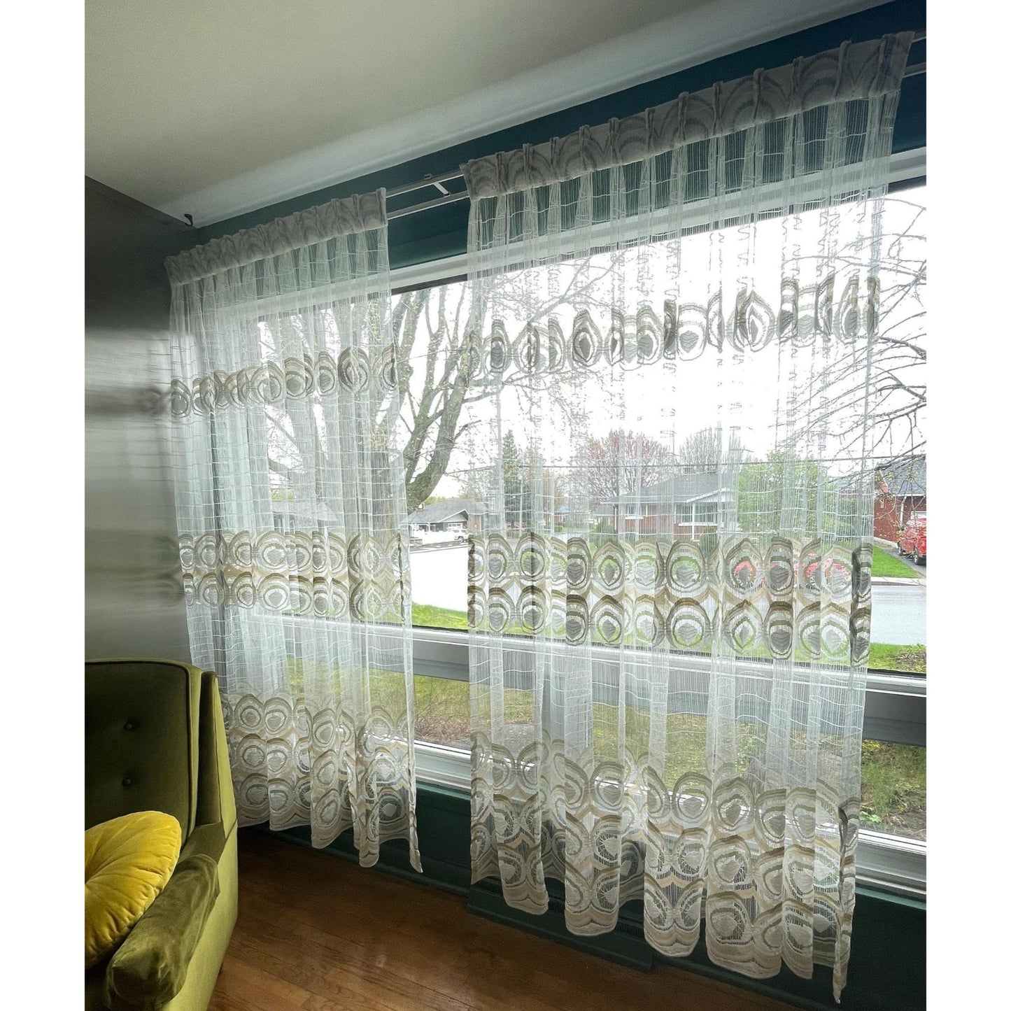 Vintage 70s pleated curtain, white with green and yellow groovy pattern