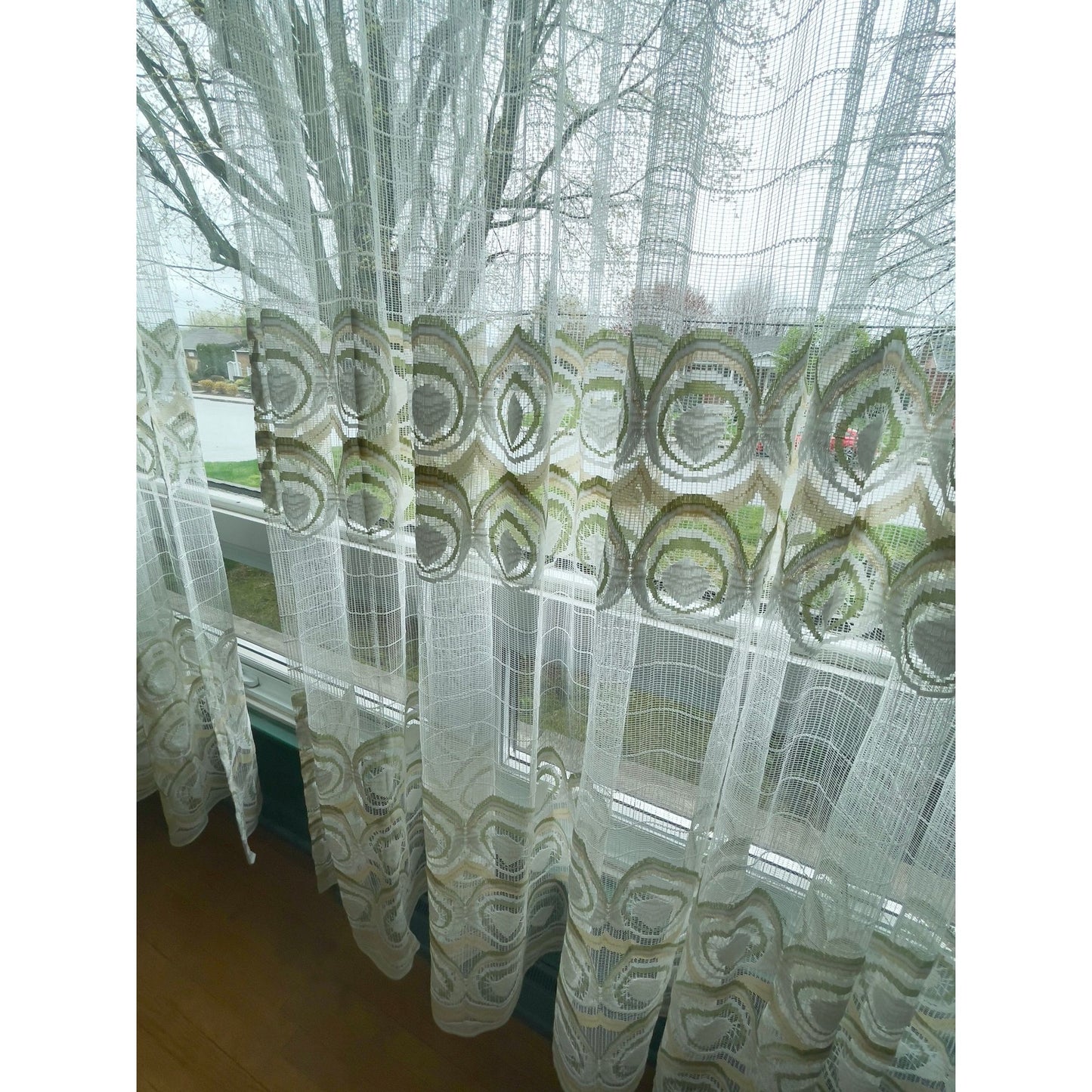 Vintage 70s pleated curtain, white with green and yellow groovy pattern