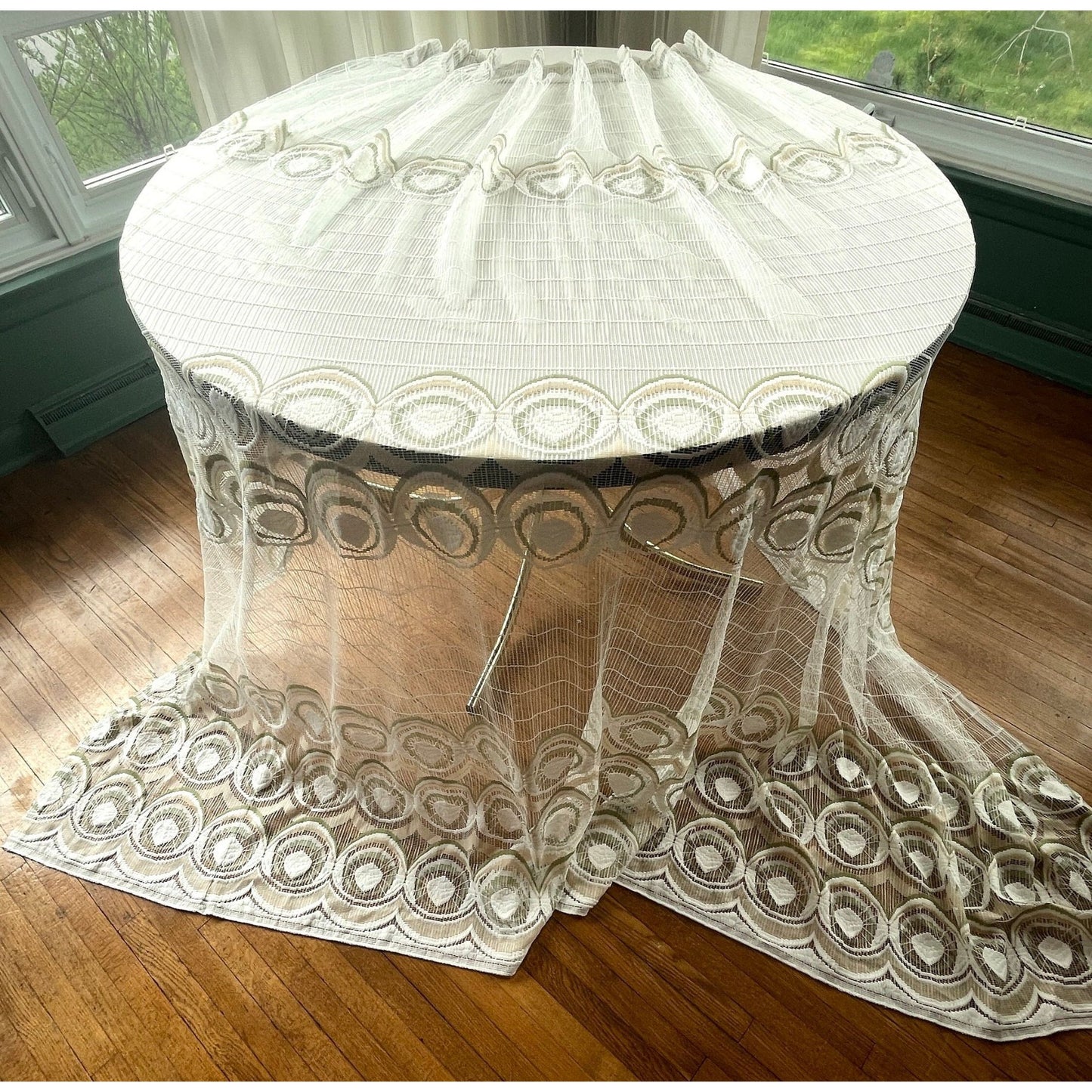 Vintage 70s pleated curtain, white with green and yellow groovy pattern