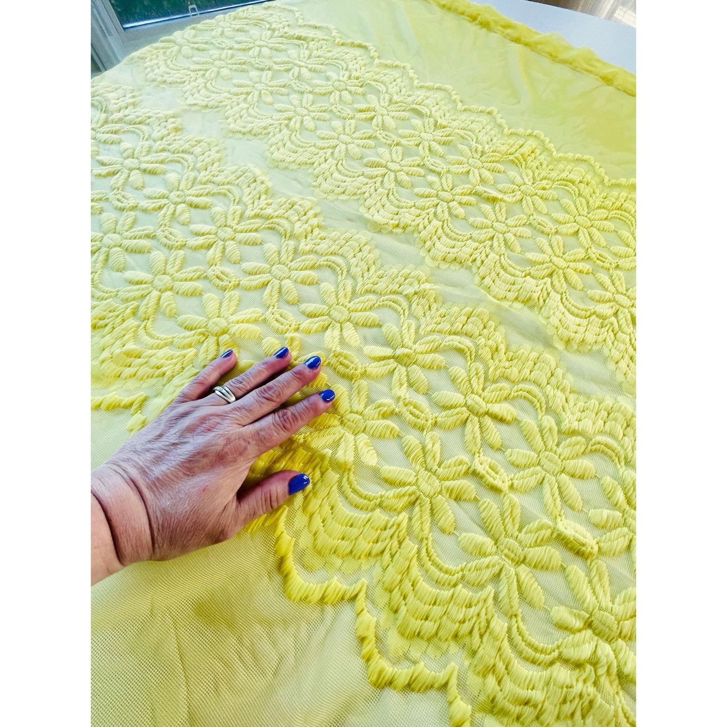 Vintage 70s curtain, yellow embroidered daisies, mesh panel