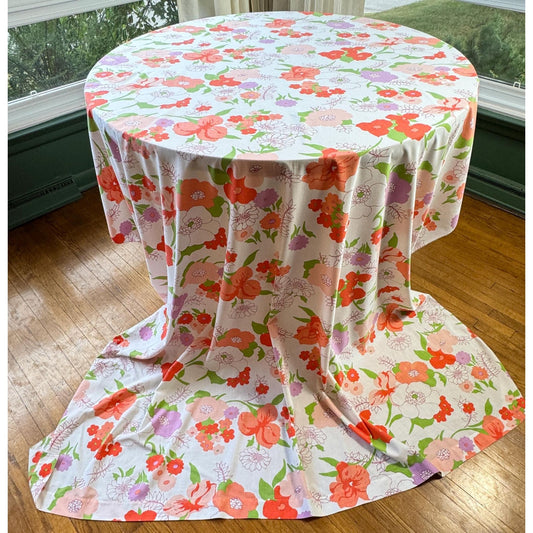 Vintage 1970s flat/top sheet, peach, coral, purple flowers, twin size bedsheet, TexMade
